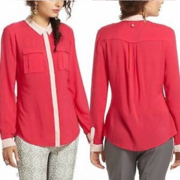 Anthropologie Maeve Bagatelle Button Down Hot Pink - Picture 2 of 6